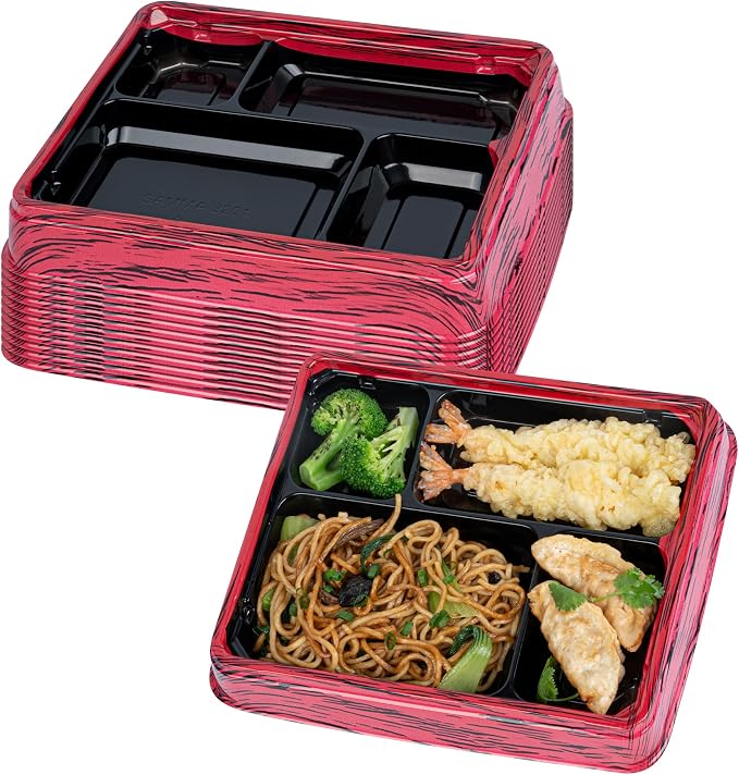 Restaurantware Bento Tek 15.2 Ounce Meal Prep Containers, 100 Disposable To Go Food Boxes - Lids Sold Separately, 4 Compartments, Red And Black Plastic Bento Lunch Boxes, Freezable, For Take Out by Restaurantware