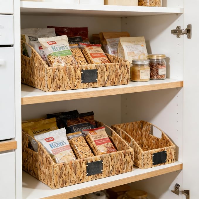 Water Hyacinth Pantry Baskets Set of 3, Chalkboard Labels | Wicker Baskets for Shelves, Woven Pantry Organizer, Laundry Room, Bathroom & Bedroom Storage, Cutout Handles, Large + 2 Small - Image 6