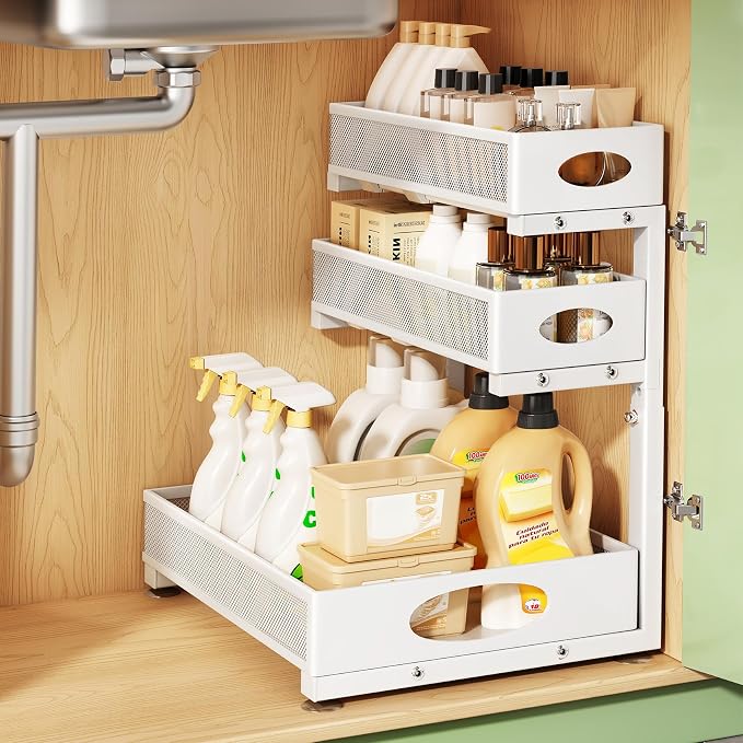Kitstorack Under Sink Organizer 3-Tier Slide Out Drawer for Bathroom 1-Pack | Height Adjustable, Metal Mesh Storage Rack, Pull out Cabinet Organizer Shelf for Kitchen Pantry Home Laundry Organization by Kitstorack