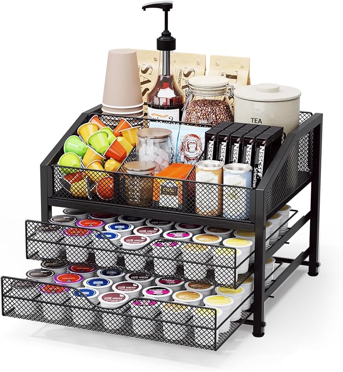 Coffee Bar Organizer - Coffee Station for Countertop, Metal and Wood K Cup holder Storage Basket for Syrup, Cups, Stirrer, Condiment, Tea Organizer, Black by Homsorout