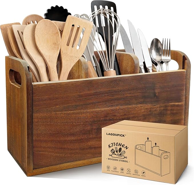 Kitchen Utensil Holder for Countertop with 3 Compartments，Acacia Wood Utensil Holder Cooking Spatula Organizer Large Cutlery Organizer for Kitchen Countertop Farmhouse Kitchen Decor by Unknown