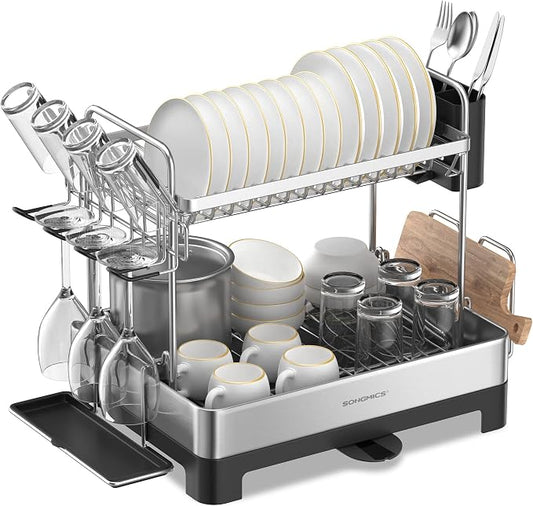 SONGMICS Dish Drying Rack - 2 Tier Dish Rack for Kitchen Counter with Rotatable and Extendable Drain Spout, Dish Drainer with Utensil, Cup, Glass, Cutting Board Holders, Black UKCS032B01 by Unknown