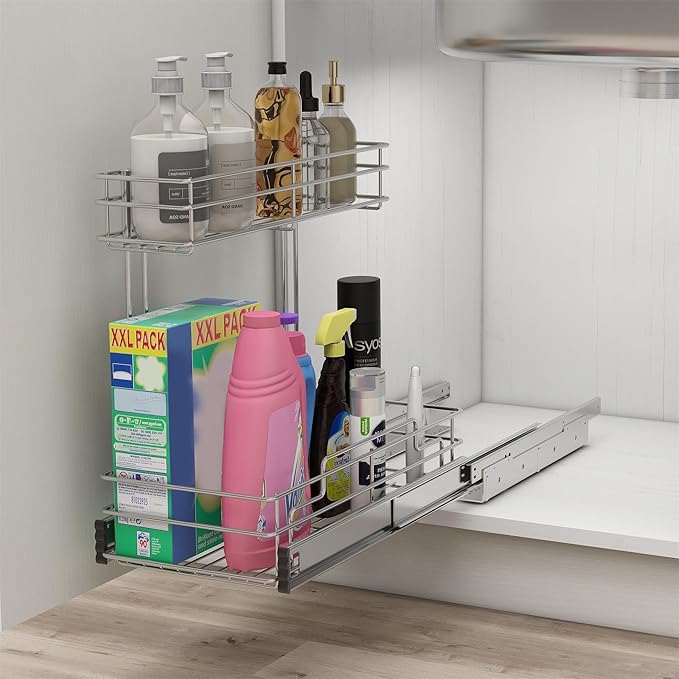 Under Sink Organizer 9" W X17 D, Pull Out Cabinet Organizer 2 Tier | Under Sink Slide Out Chrome Plated, Under Kitchen Bathroom Organizer, Pantry Cabinet Closet Organization Rack, 1 Pack - Image 7