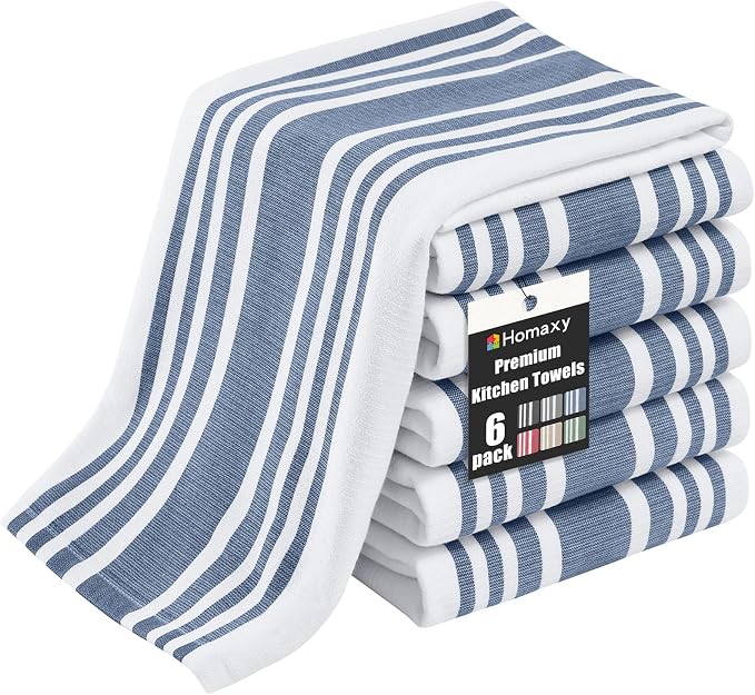 Homaxy Premium Cotton Stripe Kitchen Towels 6 Pack, 18"x 28", Navy Blue | Large 380 GSM Kitchen Hand Towels, Soft Terry Dish Towels, Highly Absorbent Tea Towel Set with Hanging Loop by Homaxy