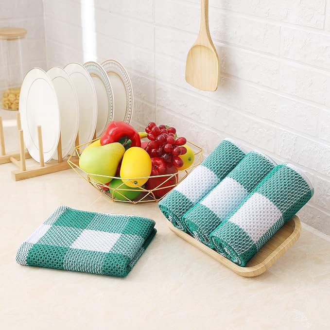 Homaxy Kitchen Towels and Dishcloths Set, Set of 8, White & Teal | Bulk Cotton Waffle Weave Check Plaid Kitchen Towels, Super Soft and Absorbent Dish Cloths, 12 x 12 and 13 x 28 Inches - Image 7