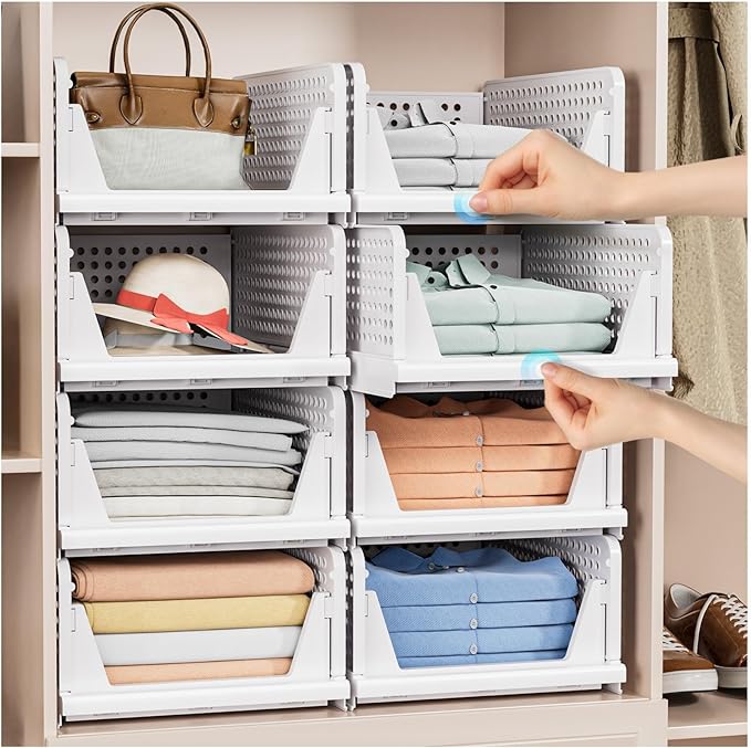 5 Pack Stackable Closet Storage Basket - Stackable Storage Bins | Multifunctional & Foldable Closet Organizer Waterproof, Wardrobe Cupboard Space-Saving Storage Drawer Organizer - Image 2