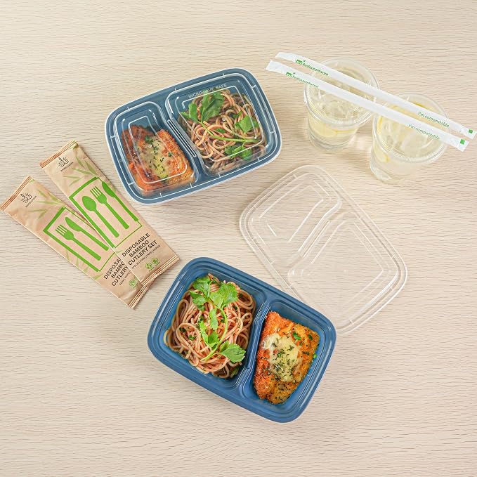 Restaurantware-Asporto 26 Ounce Compartment Take Out Boxes, 100 Microwavable Meal Prep Containers - 2 Compartments, With Clear Plastic Lids, Midnight Blue Plastic Food Containers, Do Not Contain BPA - Image 7