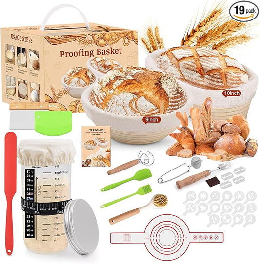 Bread proofing baskets for sourdough 19-Piece Set ，9" Round & 10" Oval Sourdough basket，Sour dough tools，Including bread pull ring, dough mixer,Complete Sour dough starter kit by Terronix