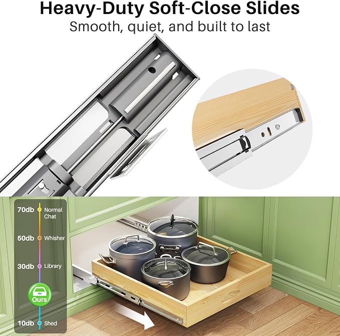 Pull Out Cabinet Organizer, Soft Close Wooden Slide Out Drawers for Pots and Pans, Full-extension Roll Out Shelves for Kitchen Cabinets, Pantry Organization, Bottom & Side Mount(12"W X 21"D x 3.4''H) - Image 4