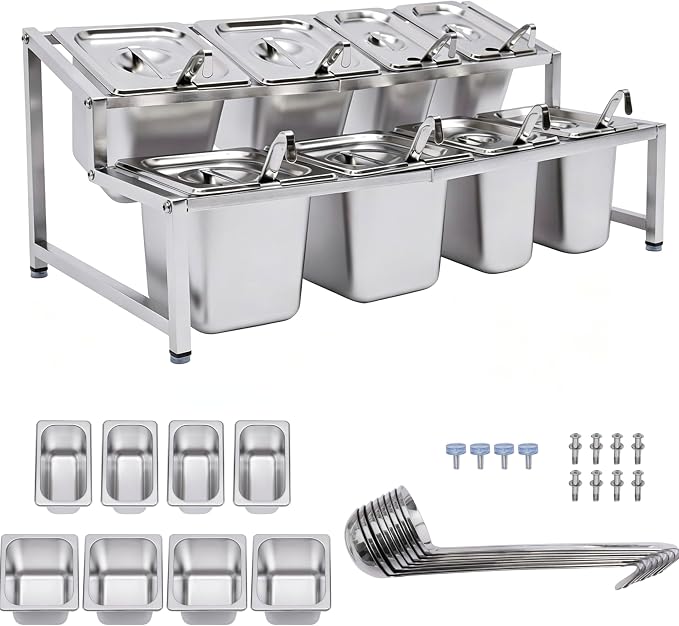 Telescoping Pizza Topping Station Condiment Container Food Prep Holder | 8 Pans & Spoons, Stainless Steel Container Set Ingredients Holder Spice Rack for Kitchen Buffet Pizza Oven Accessories by kunghei