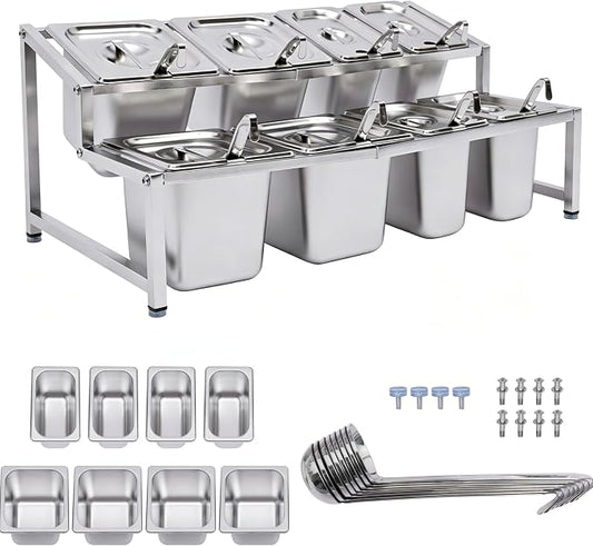 Telescoping Pizza Topping Station Condiment Container Food Prep Holder | 8 Pans & Spoons, Stainless Steel Container Set Ingredients Holder Spice Rack for Kitchen Buffet Pizza Oven Accessories by kunghei