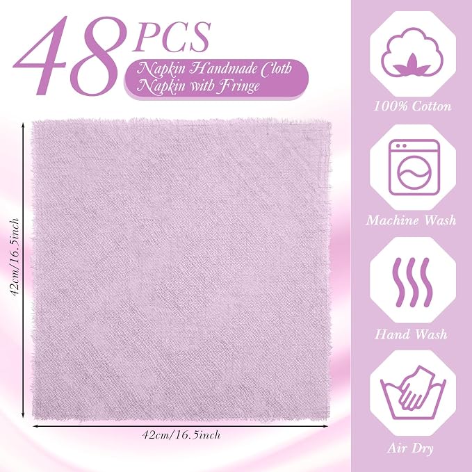 48 Pcs Cotton Linen Cloth Napkins with Fringe 16.5 x 16.5 Inch Square Rustic Dinner Linen Napkins Bulk for Wedding Party Banquet Dinner (Purple) - Image 2