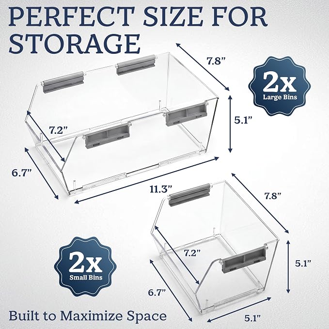 HOMESTEAD Set of 4 Stackable Storage Bins, 2 Large + 2 Small Clear Plastic Organizer Bins, Open Front Design for Kitchen Pantry, Fridge, Cabinet, Bathroom Organization and Snack Storage - Image 3