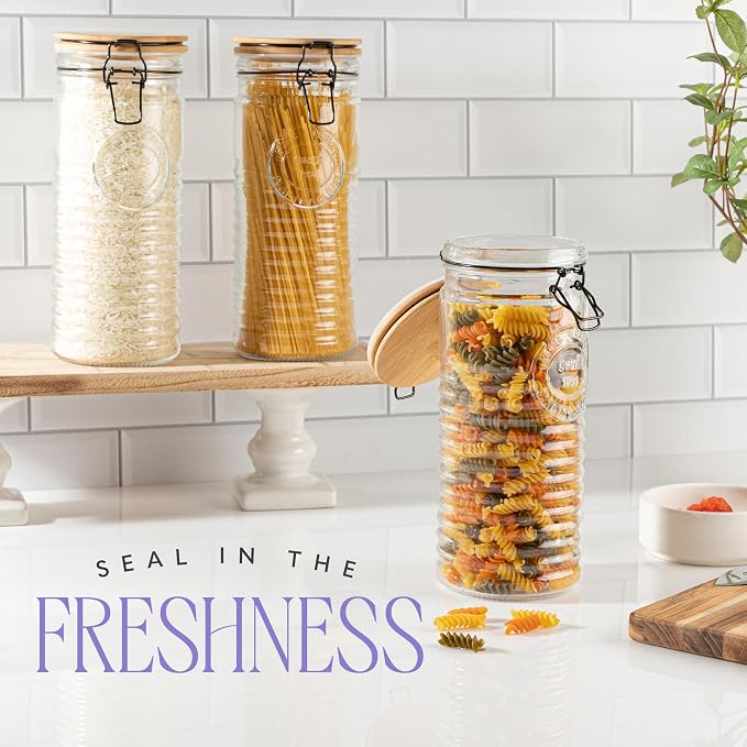Tall Glass Pasta Storage Containers with Airtight Clasp Lids - Set of 3 Glass Spaghetti Storage Containers for - 56 Ounce Pantry Organizing Canister Set - 9.75 Inch Tall - Image 4