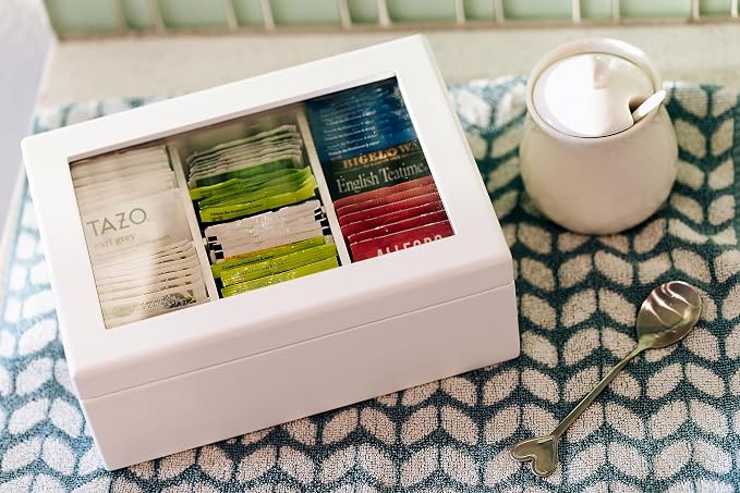 Break Tradition Wooden Tea Organizer For Tea Bags - Wooden Tea Chest With 6 Compartments - Clear Top Window - Lid Stays Open (White) - Image 7