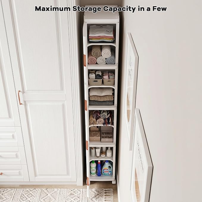 4-Tier Tall Narrow Plastic Storage Cabinet of 2, Foldable | Rolling Organizer with Lid,Doors,Stackable, Adjustable Shelves, Durable PP,Freestanding Bathroom Cabinet for Small Slim Space - Image 4