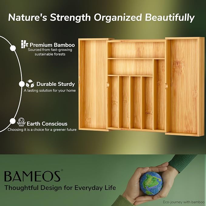 BAMEOS drawer organizer flatware organizer cutlery tray silverware organizer expandable adjustable bamboo drawer organizer kitchen bathroom - Image 5