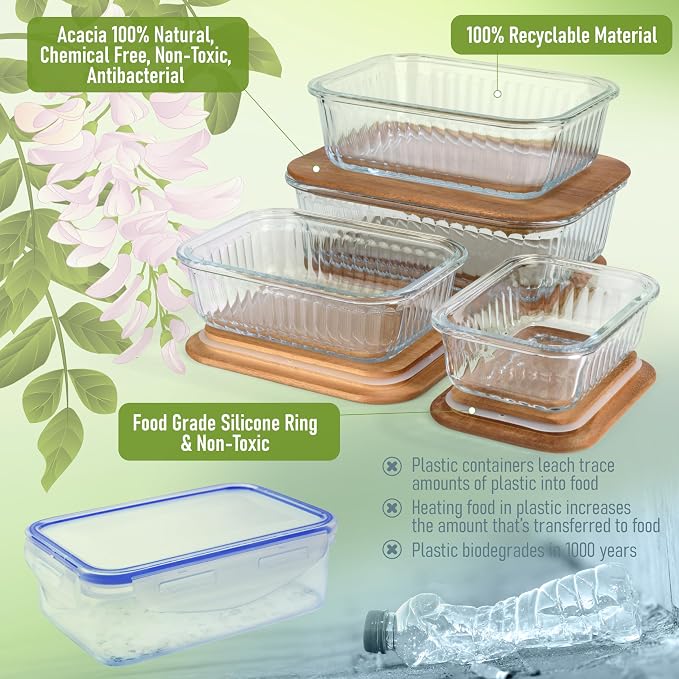 Set of 4 Stackable Space-Saving Nesting Glass Bowls with Airtight Acacia Lids for Lunch, Meal & Food Prep - Microwave & Oven-ready BPA Free Durable Heat Resistant Inert Borosilicate Glass - Image 6