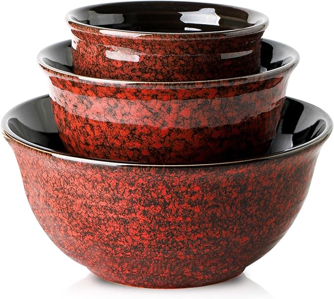 HASENSE Ceramic Mixing Bowls, Large Serving Dishes Set of 3 for Cooking, Baking, Prepping, Porcelain Nesting Bowls for Salads, Fruit, Popcorn, Cereal, 2.1/1.0/0.5 Qt, Dishwasher & Microwave Safe, Red by Hasense