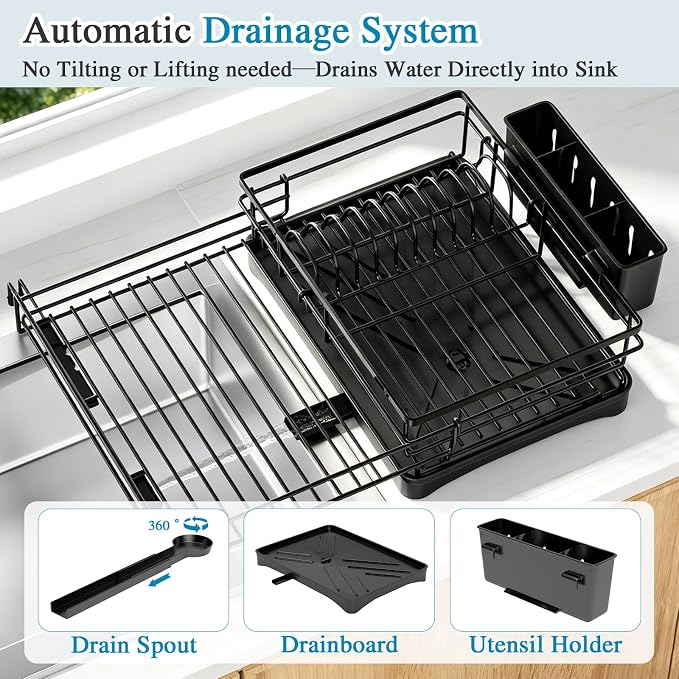 Expandable Dish Drying Rack for Kitchen Counter, Large Capacity Dish Rack with 360° Rotatable Drain Spout & Utensil Holder, Stainless Steel Dish Drainer for Kitchen Sink, Black - Image 5