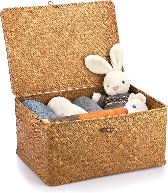 Hipiwe Wicker Shelf Baskets Bin with Lid Handwoven Storage Basket, X-Large | Rectangular Basekts Bins Natural Seagrass Household Basket Boxes for Shelf Wardrobe Home Organizer, Caramel by Hipiwe
