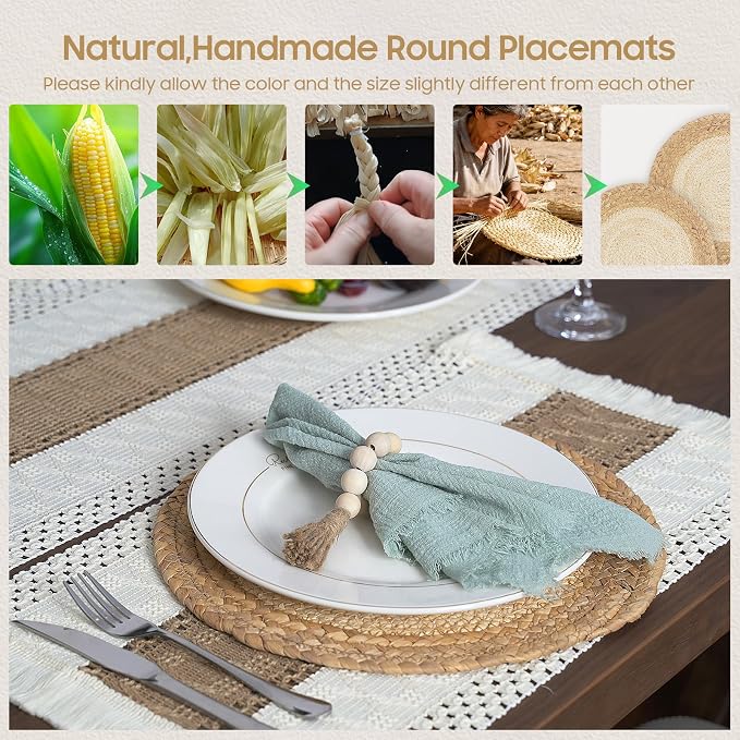 Placemats Set of 6 w/Charger Plates Table Mats Table Runner & Napkin Rings | All in One Placemats,Boho Farmhouse Style Heat-Resistant Non-Slip Protective Round Woven Placemats for Dining Table Décor - Image 2
