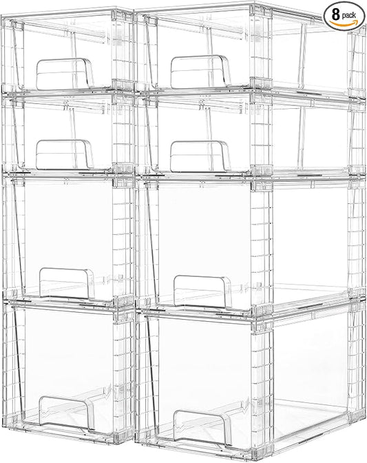 Vtopmart 8 Pack Clear Stackable Storage Drawers,Easy to Assemble Bathroom Organizers and Storage with handles,Plastic Drawers for Kitchen Pantry,Cabinet,Under Sink Organization by Vtopmart