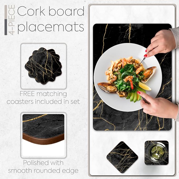 Set of 4 Heat Resistant Cork Placemats for Dining Table with Free Set of 4 Matching Drink Coasters Marble Design 16 x 12 Inches Cork Backed Hard Placemats (Black & Gold) - Image 4