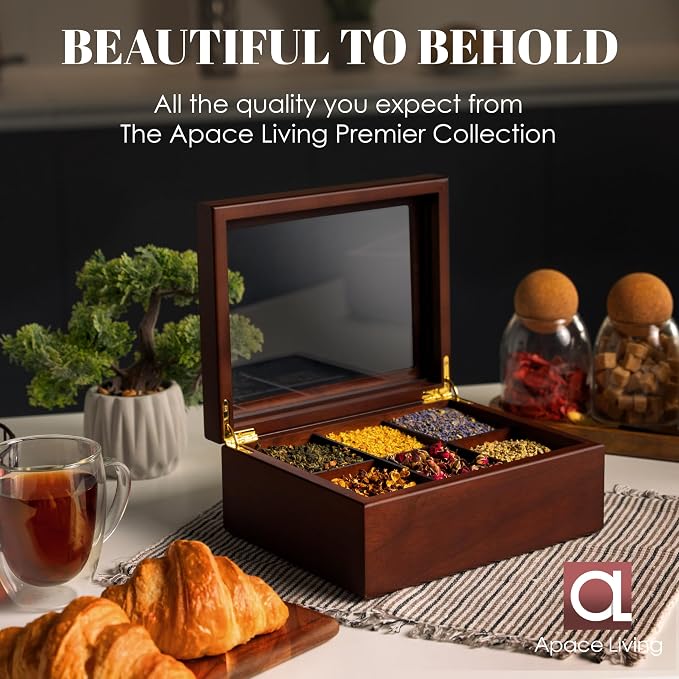 Tea Box - Luxury Wooden Tea Bag Organizer from The Apace Premier Collection - 6 Compartment Tea Storage Chest Container - Elegantly Handmade w/Scratch Resistant Window - Image 5
