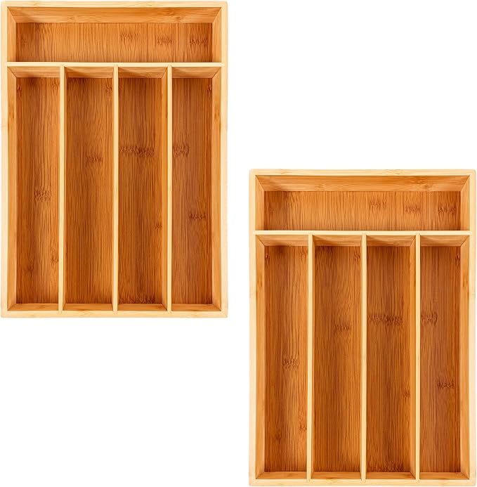 Berghoff Bamboo Flatware Organizer, Set of 2, 5 Slot Silverware Tray | Kitchen Drawer Utensil Cutlery Holder, Drawer Divider & Storage Organizer, Eco Friendly Wood Insert, 14 x 10 Inches, Natural by BergHOFF