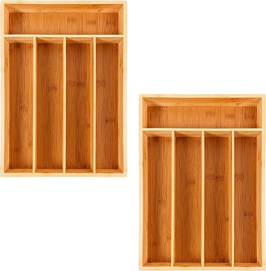 Berghoff Bamboo Flatware Organizer, Set of 2, 5 Slot Silverware Tray | Kitchen Drawer Utensil Cutlery Holder, Drawer Divider & Storage Organizer, Eco Friendly Wood Insert, 14 x 10 Inches, Natural by BergHOFF