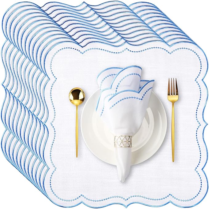 Hahafelt 12 Set Cloth Napkins 18x18inches Scalloped Embroidery Cloth Napkins Washable Polyester Table Dinner for Hotel Restaurant Weddings Events Parties (Blue) by Hahafelt
