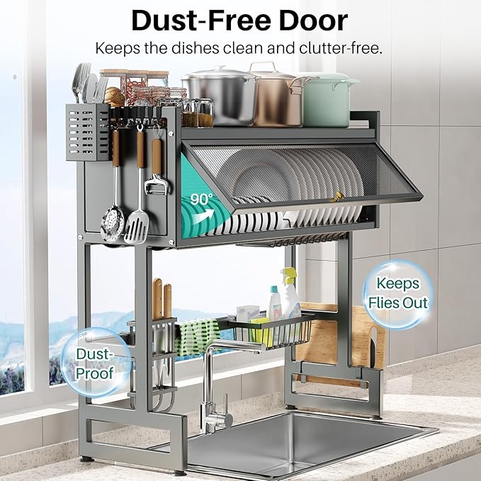 Over the Sink Dish Drying Rack 3 Tier with Dustproof Flip-Up Cover | Large Dish Drainer Storage Counter Organizer,Space-Saving Dish Rack for Dishes and Cutlery,Fits Sinks up to 32 Inches(Gray) - Image 2