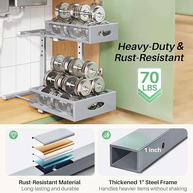 Under Sink Organizer, 2-Pack Pull Out Cabinet Organizer 2 Tier Metal Slide Out Storage Shelf Rack, L-Shaped Adjustable Height,Mesh Sliding Drawer for Kitchen, Bathroom, Laundry, Pantry, Grey, XL - Image 6