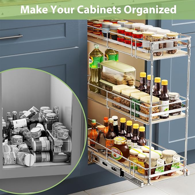 ROOMTEC 3-Tier Pull Out Cabinet Organizer Spice Rack for Narrow Cabinet 5" W x 20½" D, Slide Out Wood Shelves Storage for Kitchen - Image 7