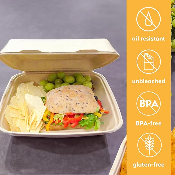 100% Compostable Disposable Food Containers with Lids [8”X8” 200 Pack] Eco-Friendly Take-Out TO-GO Containers, Heavy-Duty, Biodegradable, Unbleached by Earth's Natural Alternative - Image 5
