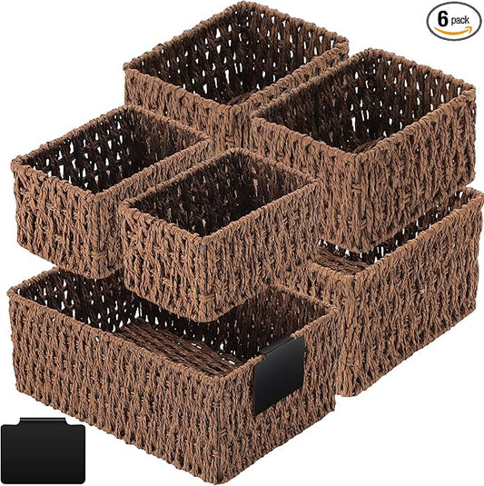 Marsui 6 Pcs Wicker Storage Baskets for Pantry Organization with Labels Handwoven Paper Rope Multi-size Brown Wicker Storage Bins for Organizing Small Baskets Container for Shelves Closet Toilet by Marsui
