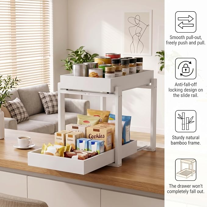 MHXW SXPN Bamboo Under Sink Organizer, 2 Pack Pull Out Cabinet Organizer | 2 Tier Vertical Smooth Slide Out Undersink Storage Shelf | Multi-Purpose Organizer Shelves for Kitchen Bathroom Medicine - Image 4