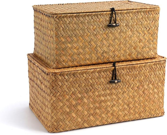 Nonam Storage Basket with Lid, Natural Seagrass Bin with Lid Set of 2, Shelf Baskets Multipurpose Container for Boho Decoration, Rectangular Household Storage Boxes for Home Organization-Natural by Unknown