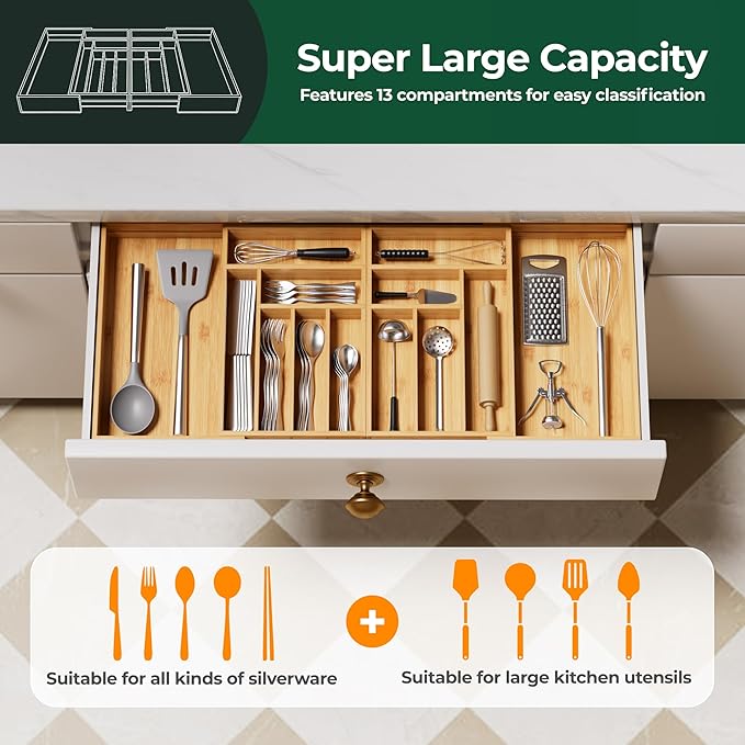 Large Silverware Organizer, 13 Slots Magnetic Connected Expandable Bamboo Utensil Drawer Organizer From 21 to 37.4 Inches, Adjustable Flatware and Cutlery Holder, Utensil Tray for Kitchen Natural - Image 4