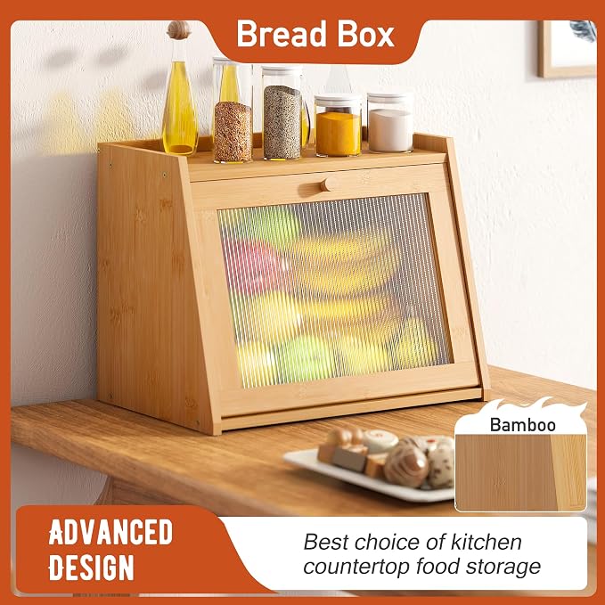 GHWIE Large Bread Box, Easy Access & Cleaning - Bamboo Bread Box for Kitchen Countertop with Acrylic Door (Natural, Large) - Image 2