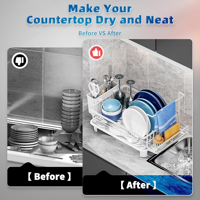 Dish Drying Rack, Stainless Steel-Dish Rack, (white 2 with Sponge Rack) | Dish Racks for Kitchen Counter, Kitchen Dish Drainers with Removable Utensil Holder,New drain outlet, - Image 4