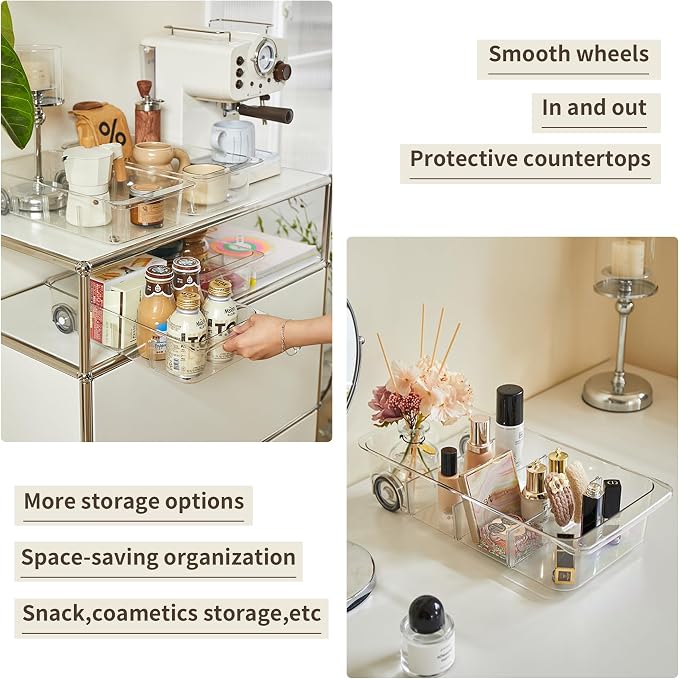 Roll-Out Refrigerator Organizers and Storage, 3 Pack Drawer Fridge Bins | Rolling Fridge Caddy, Silicone Wheels, Adjustable Dividers, Plastic Refrigerator Tray, for Fridge, Pantry, Bathroom & Kitchen - Image 6