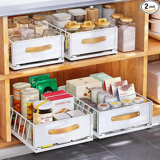 2Pack Pull out Cabinet Organizer,Heavy Duty Slide out Pantry Shelves Drawer Storage with Adhesive Nano Film,Sliding Mesh Basket with Handle for Kitchen, Bathroom, Home, 11.8W" X 15.7"D X 6.2"H,White by Kitstorack