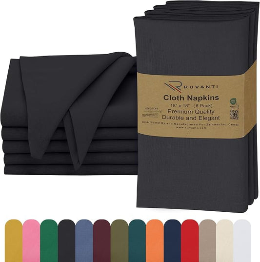 Ruvanti Cloth Napkins Set of 6, 18x18 Inches, 100% Cotton, Washable, Soft & Absorbent, Perfect for Wedding, Christmas, ‎Thanksgiving Dinners - Black Beauty by Ruvanti
