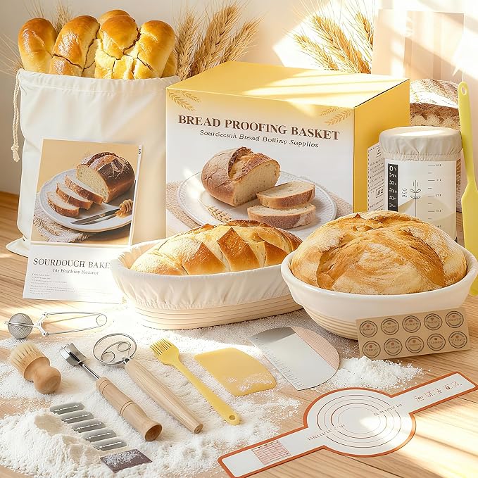 Sourdough Starter Kit, Sourdough Bread Baking Supplies, Round & Oval Banneton Bread Proofing Basket, Bread Sling, Starter Jar, Dough Whisk, Scrapers, Stencils & Bag, Complete Sourdough Kit Gifts - Image 4