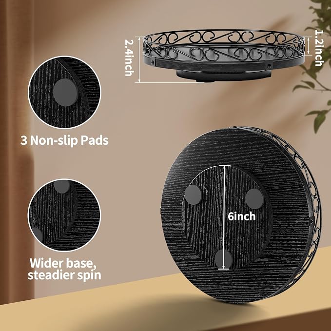 10" Lazy Susan Turntable Organizer for Table Top, Wood Lazy Susan Cabinet | Farmhouse Rotating Decor Tray for Dining Table, Pantry, Kitchen Countertop, Spice, Bathroom Vanity, Round Patterned Rim,Black - Image 2