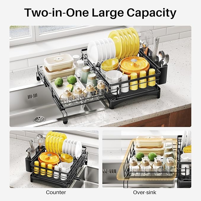 Dish Drying Rack, Extendable Dish Rack, Large Sink Drying Dish Drainer for Kitchen Counter, Carbon Steel Dish Strainer with Utensil Holder,Black - Image 2