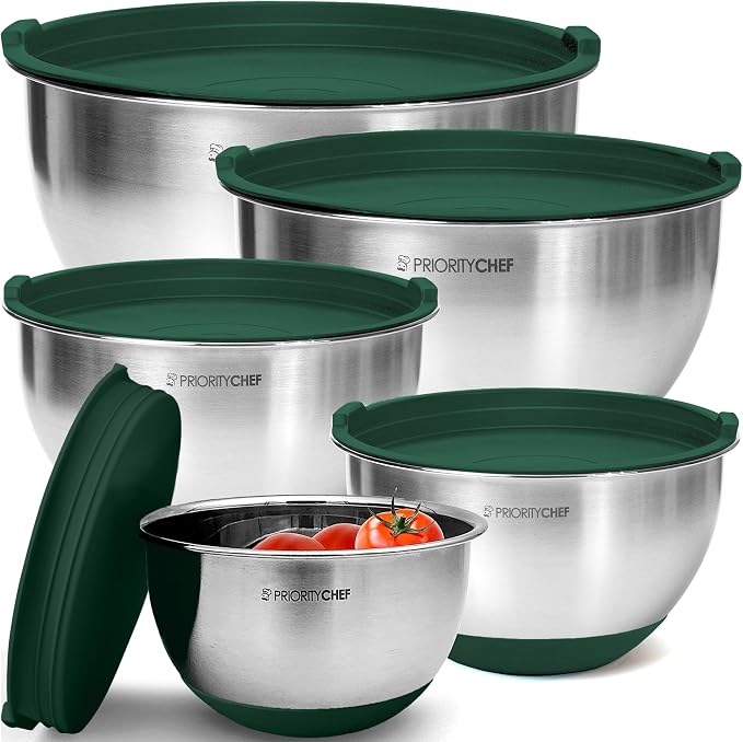 Premium Mixing Bowls With Airtight Lids Set, Thicker Stainless Steel Mixing Bowl Set, Large Prep Metal Bowls with Lids, Nesting Bowls for Kitchen, 1.5/2/3/4/5 Qrt, Green by PriorityChef