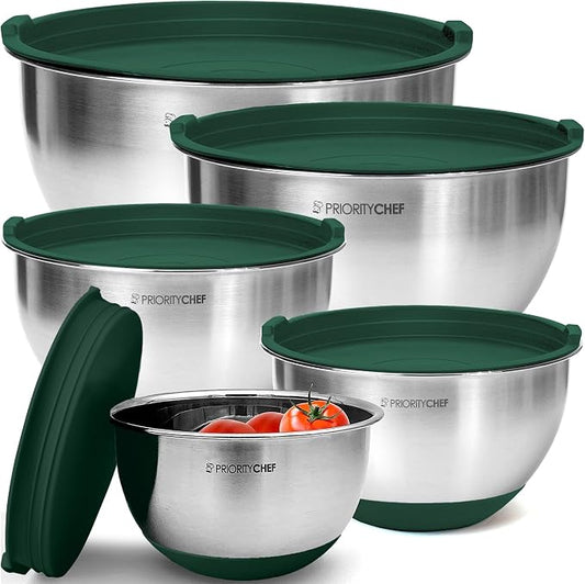 Premium Mixing Bowls With Airtight Lids Set, Thicker Stainless Steel Mixing Bowl Set, Large Prep Metal Bowls with Lids, Nesting Bowls for Kitchen, 1.5/2/3/4/5 Qrt, Green by PriorityChef